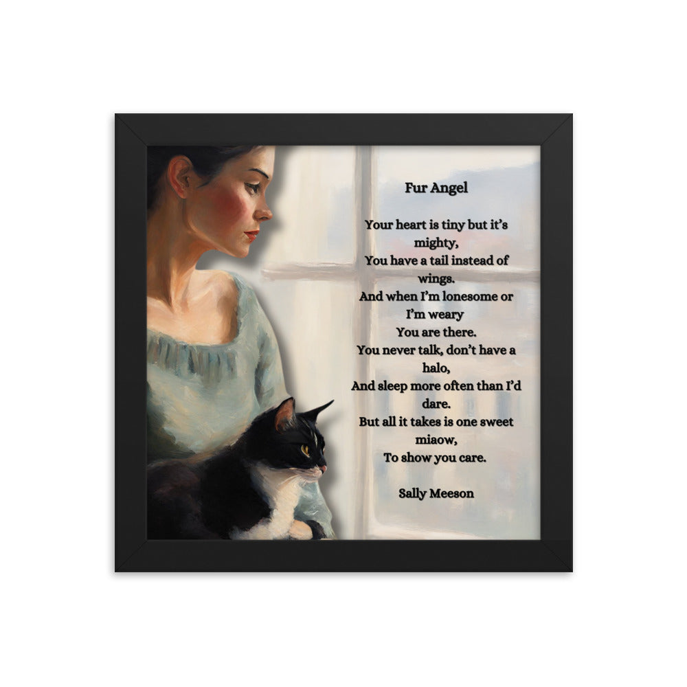 'Fur Angel' framed photo paper poster with impressionist oil style artwork and original poem by writer Sally Meeson