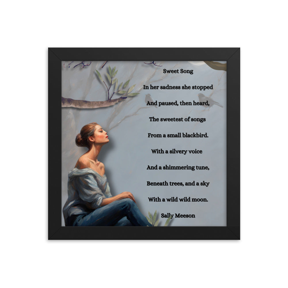 'Sweet Song' framed photo paper poster with impressionist style artwork and original poem by writer Sally Meeson