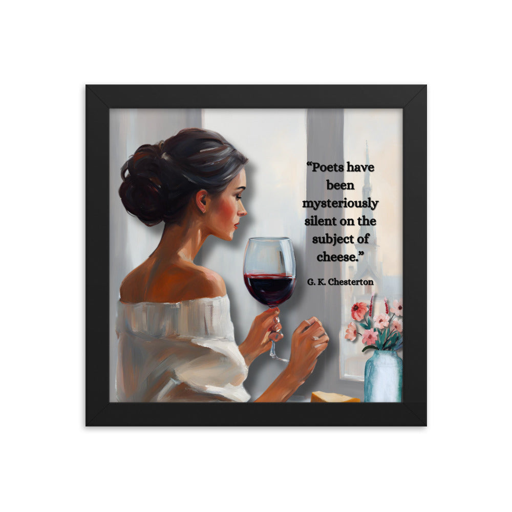 'Cheese' framed photo paper poster with impressionist oil style artwork and quote by G.K. Chesterton