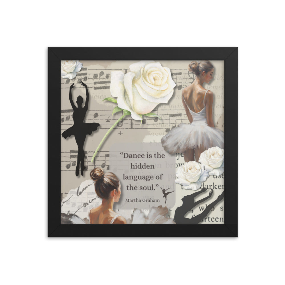 'Dance' framed photo paper poster with impressionist oil style artwork and quote by dancer Martha Graham