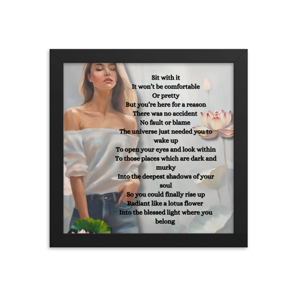 'Lotus Flower' framed photo paper poster with impressionist oil style artwork and original poem by writer Sally Meeson