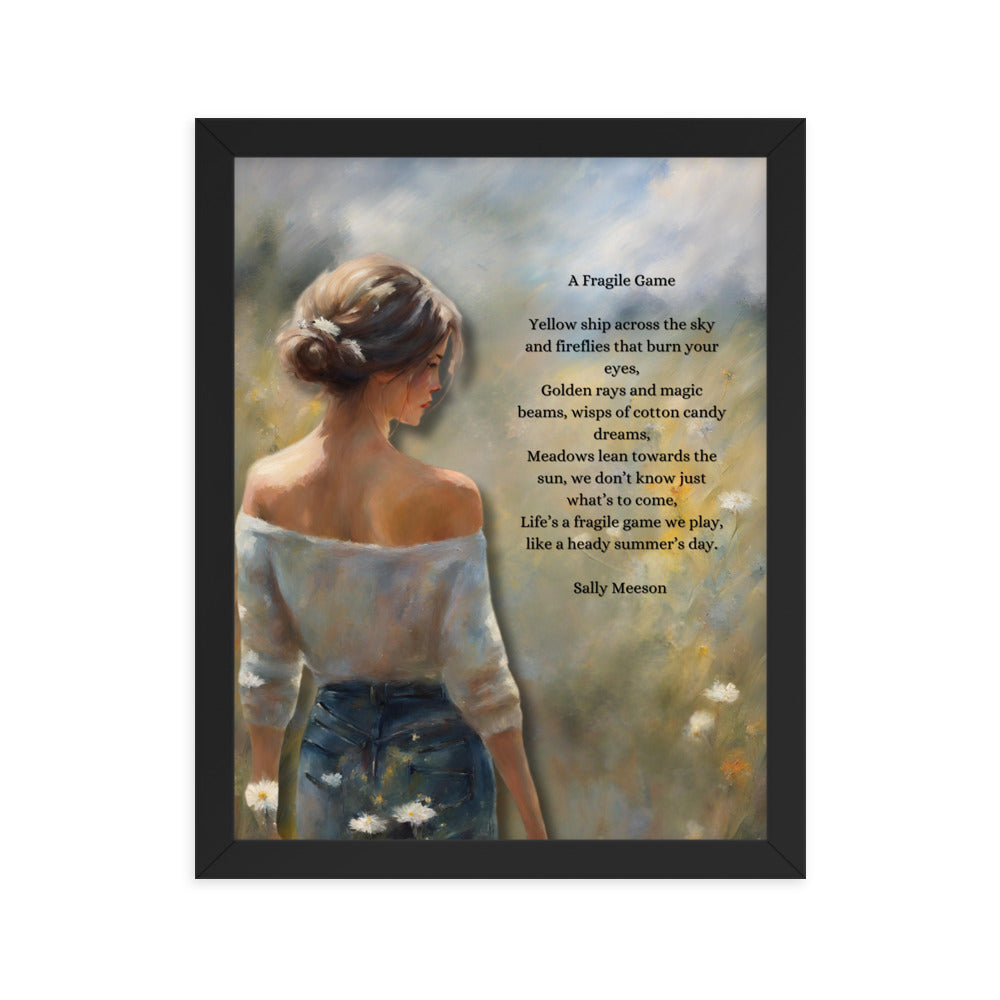 'A Fragile Game' framed photo paper poster with impressionist oil style artwork and original poem by writer Sally Meeson