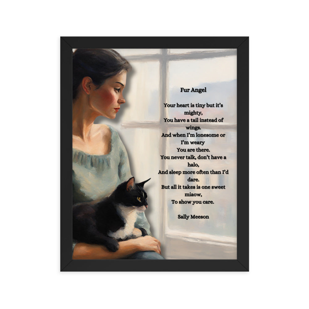 'Fur Angel' framed photo paper poster with impressionist oil style artwork and original poem by writer Sally Meeson