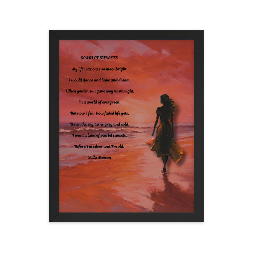 'Scarlet Sunsets' framed photo paper poster with impressionist oil style artwork and original poem by writer Sally Meeson