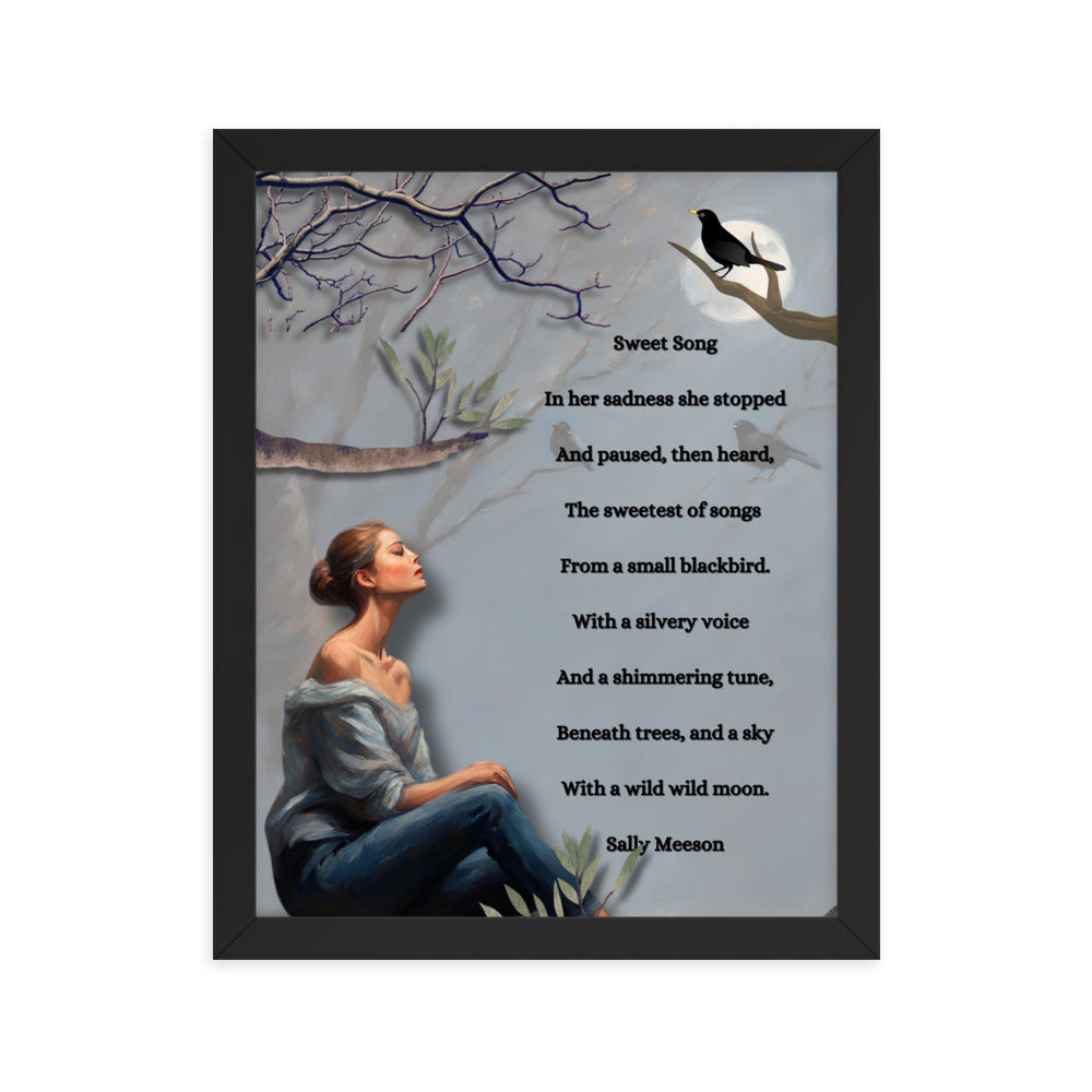 'Sweet Song' framed photo paper poster with impressionist style artwork and original poem by writer Sally Meeson