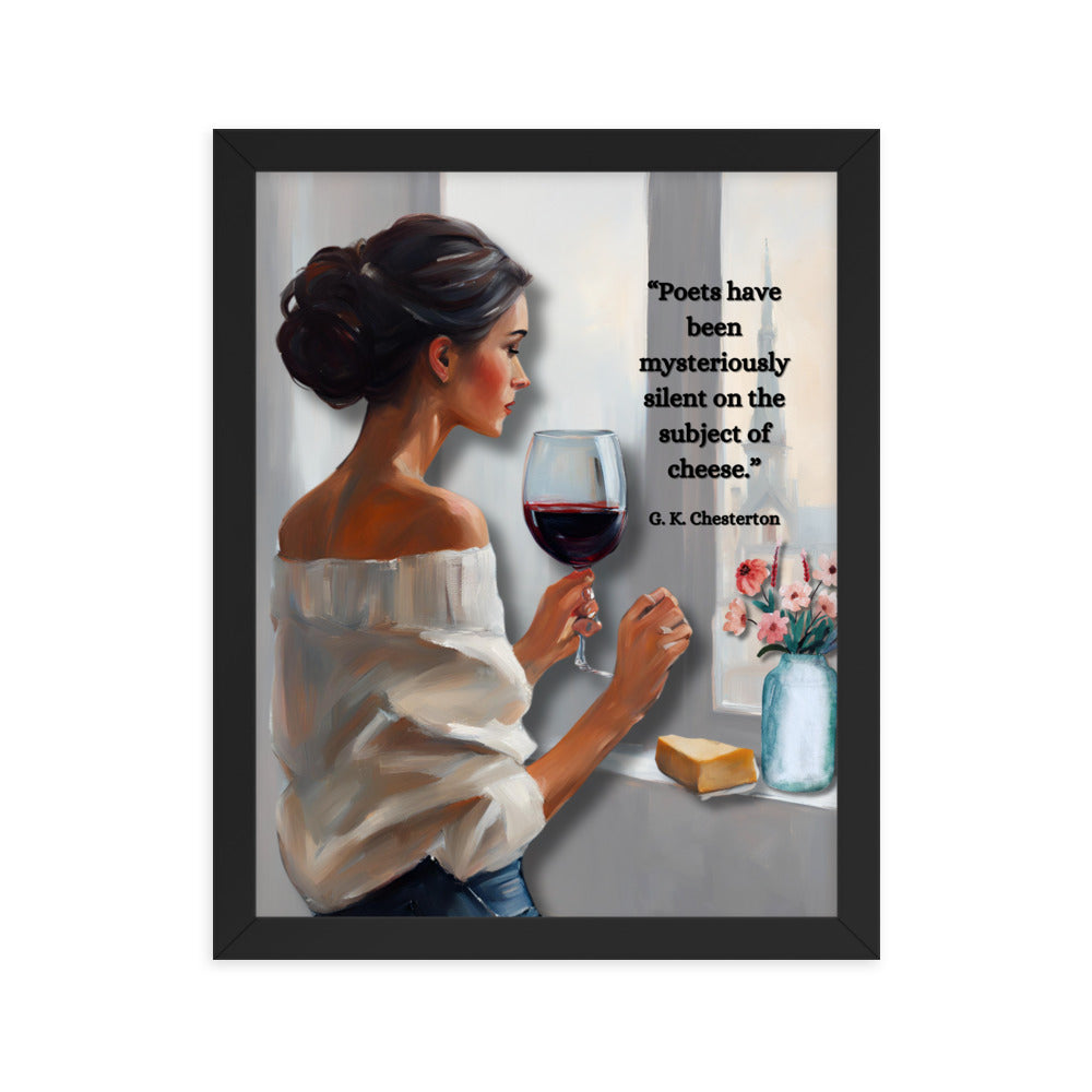 'Cheese' framed photo paper poster with impressionist oil style artwork and quote by G.K. Chesterton