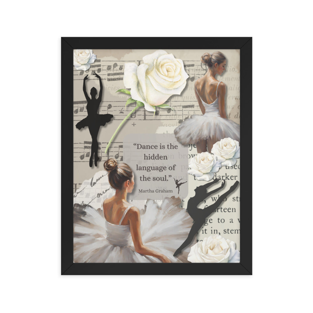 'Dance' framed photo paper poster with impressionist oil style artwork and quote by dancer Martha Graham