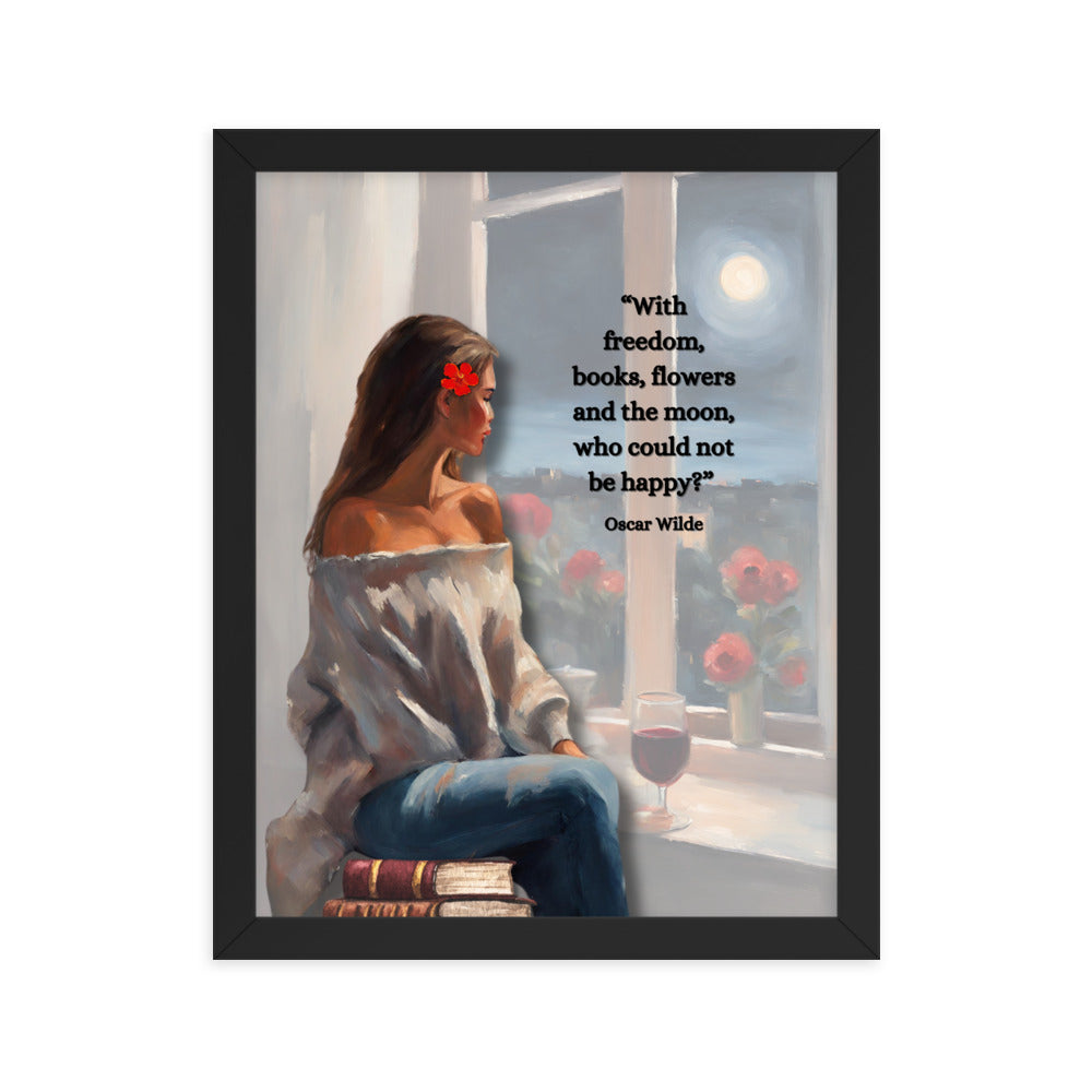 'Freedom, books, flowers and the moon' framed photo paper poster with impressionist oil style artwork and Oscar Wilde quote