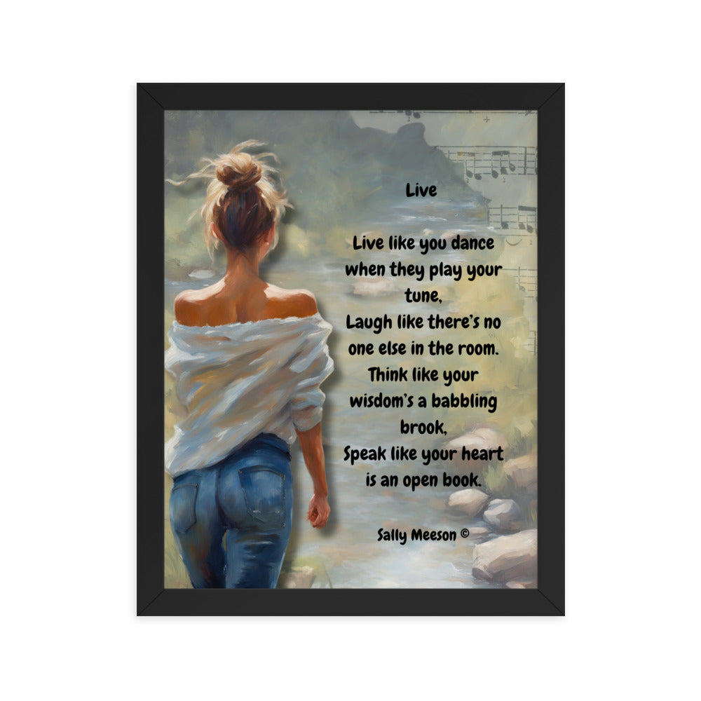 'Live' framed photo paper poster with impressionist oil style artwork and original poem by writer Sally Meeson