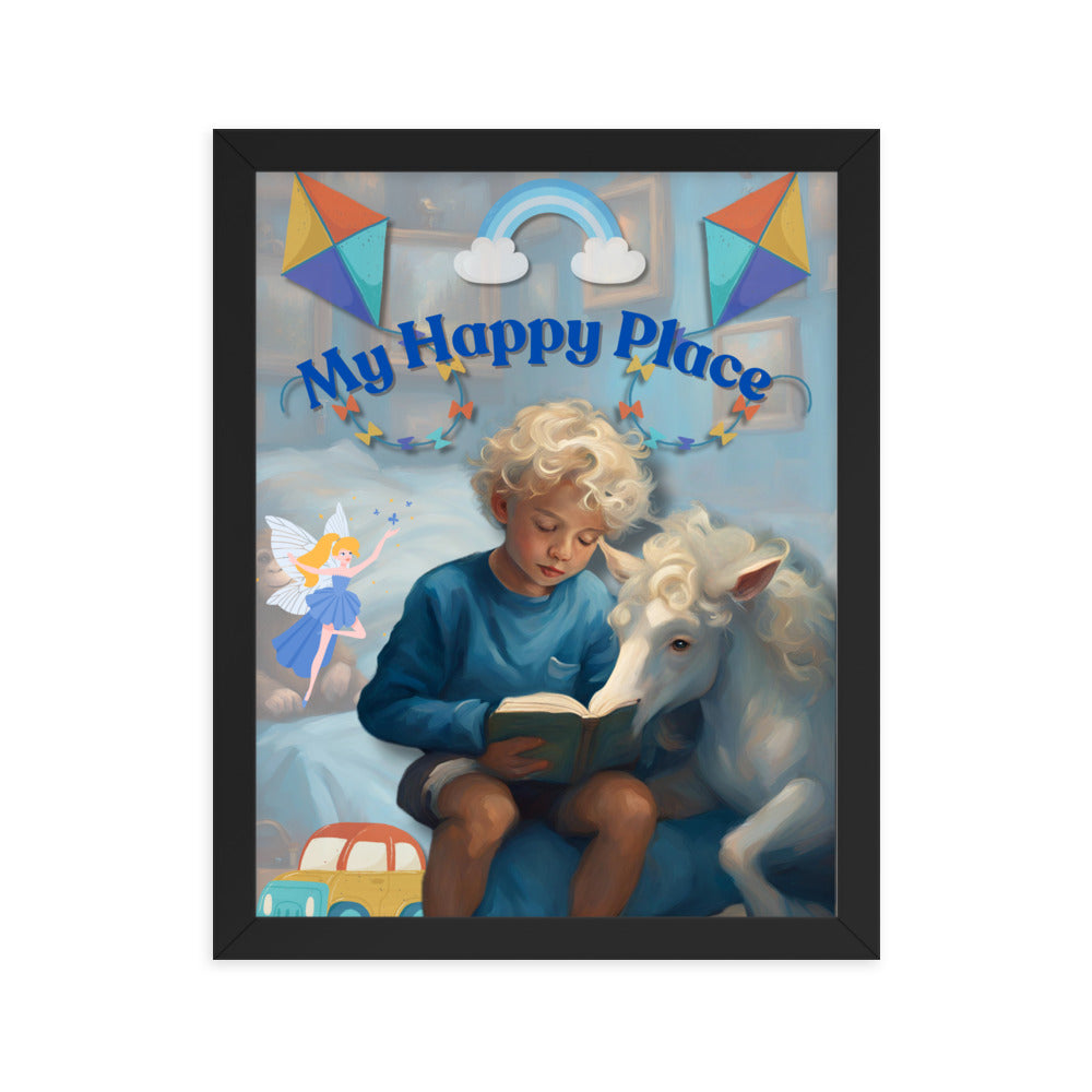 'My Happy Place' child's room blue framed photo paper poster with impressionist oil style artwork