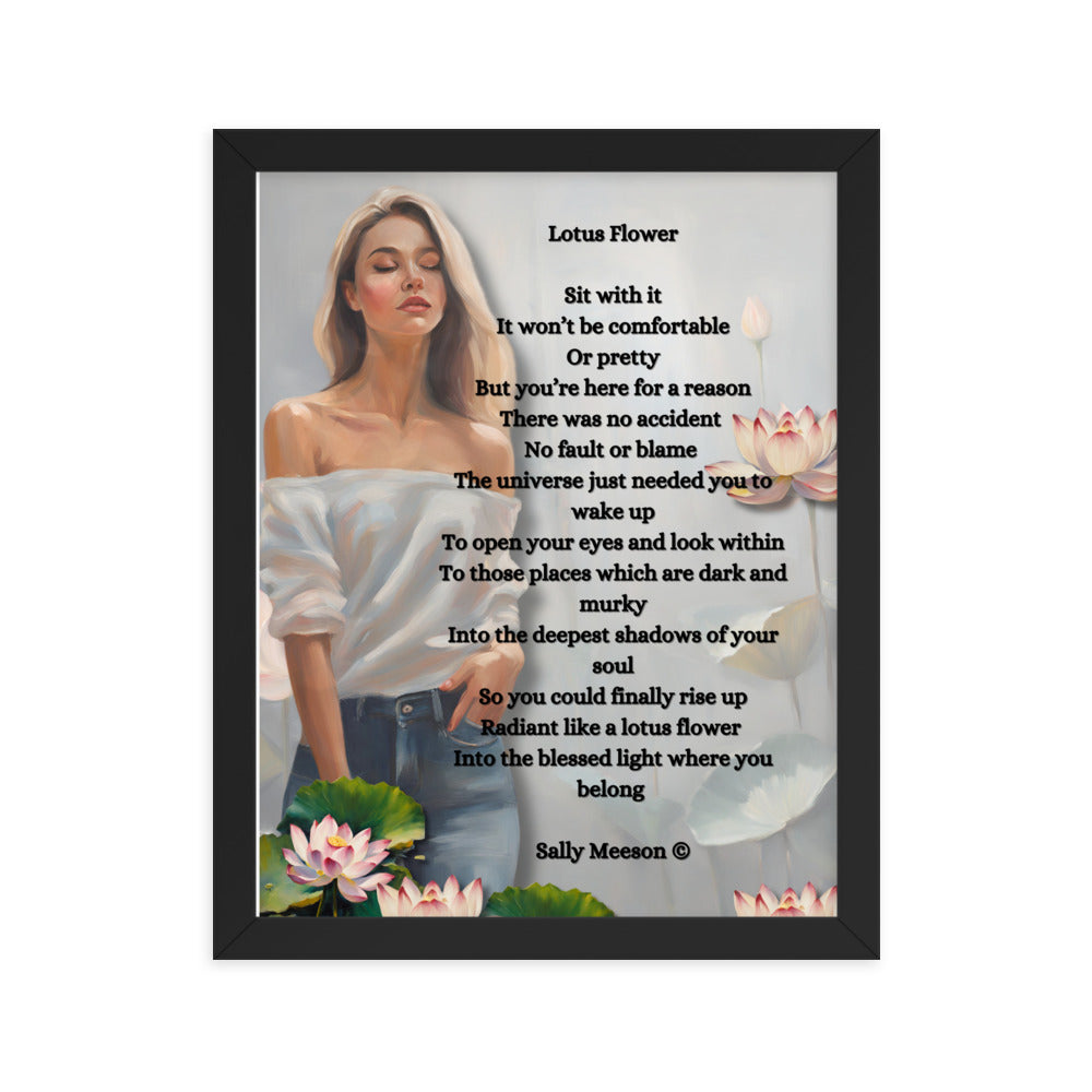 'Lotus Flower' framed photo paper poster with impressionist oil style artwork and original poem by writer Sally Meeson