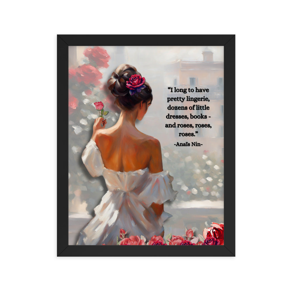 'Roses' framed photo paper poster with impressionist oil style artwork and quote from Anaïs Nin