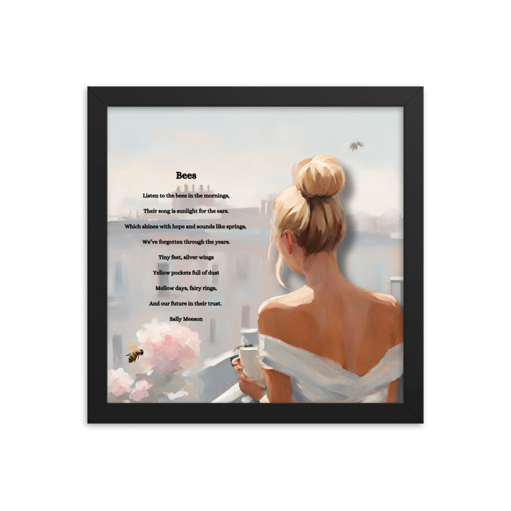 'Bees' framed photo paper poster with impressionist style artwork and original poem by writer Sally Meeson