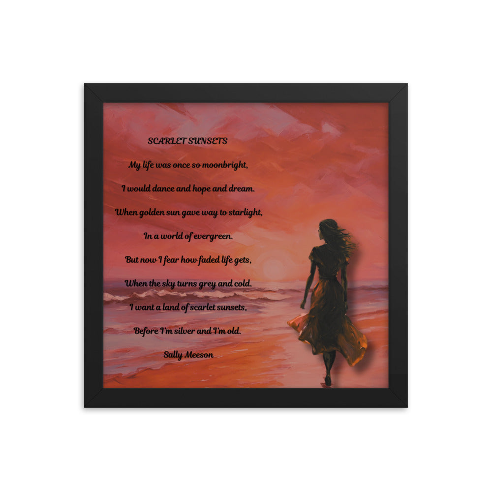 'Scarlet Sunsets' framed photo paper poster with impressionist oil style artwork and original poem by writer Sally Meeson