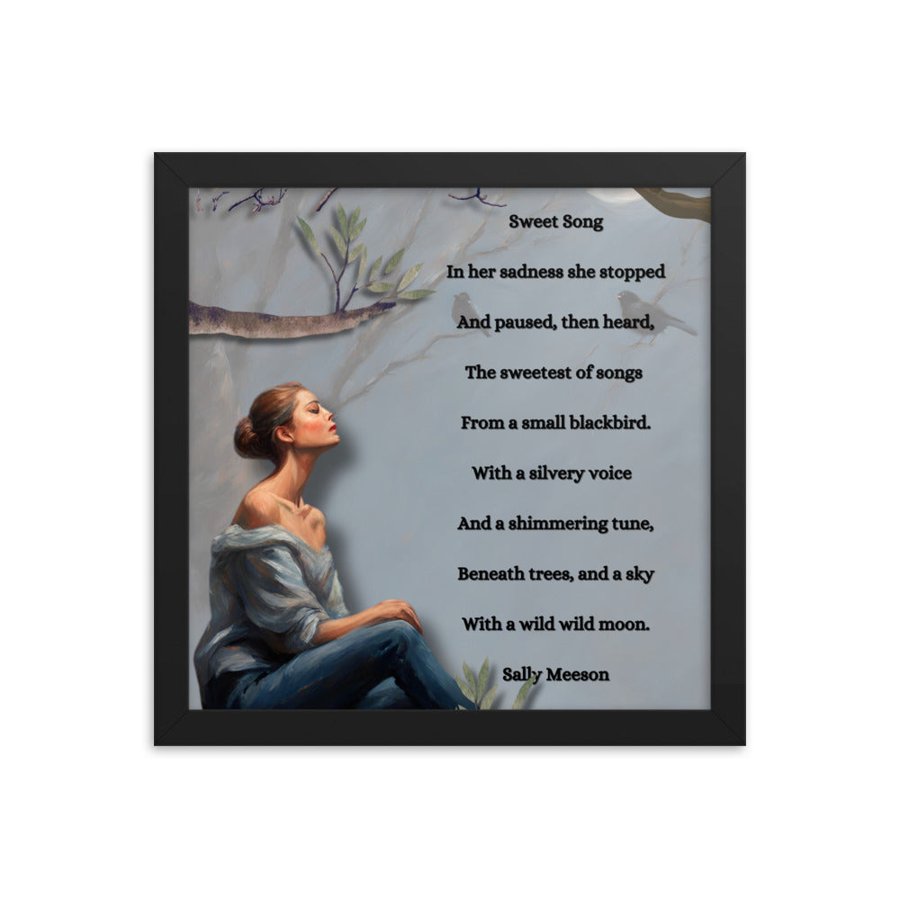 'Sweet Song' framed photo paper poster with impressionist style artwork and original poem by writer Sally Meeson