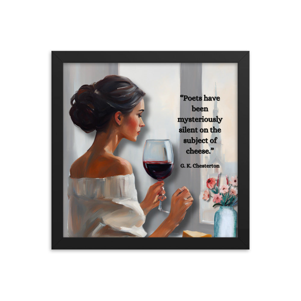 'Cheese' framed photo paper poster with impressionist oil style artwork and quote by G.K. Chesterton