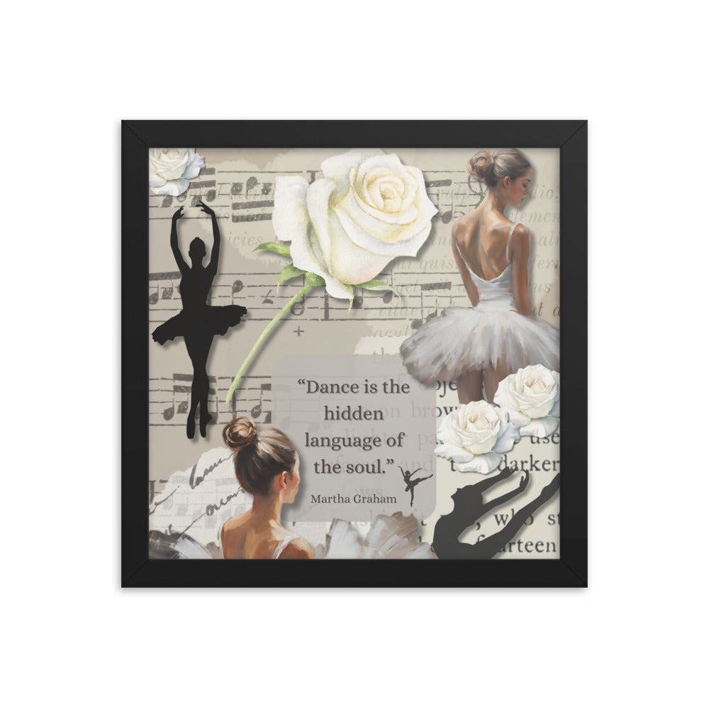 'Dance' framed photo paper poster with impressionist oil style artwork and quote by dancer Martha Graham