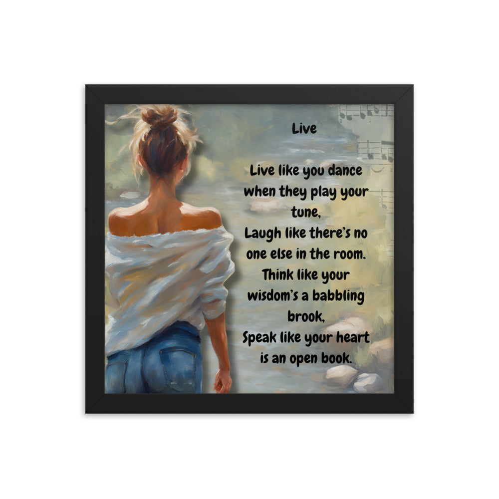 'Live' framed photo paper poster with impressionist oil style artwork and original poem by writer Sally Meeson