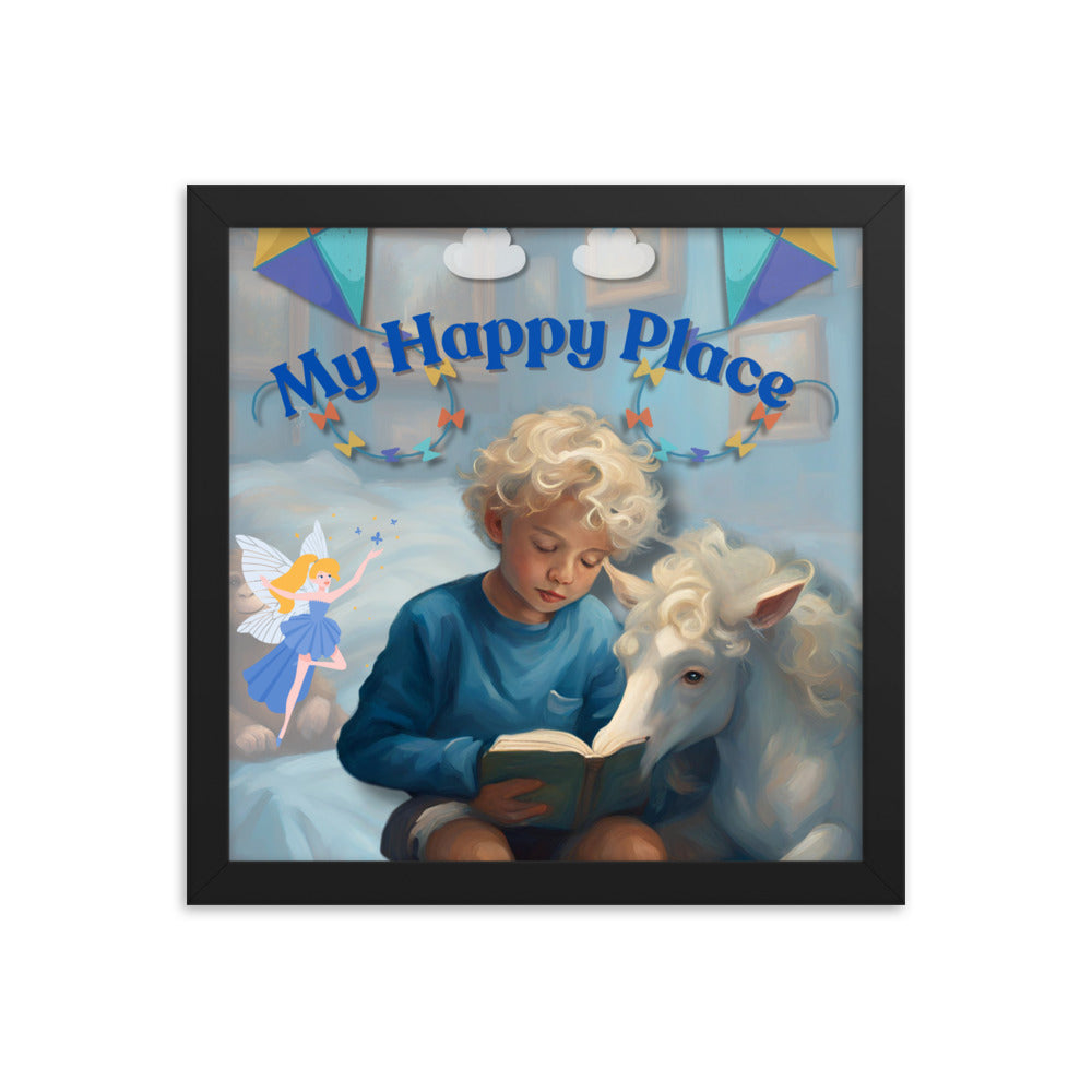 'My Happy Place' child's room blue framed photo paper poster with impressionist oil style artwork