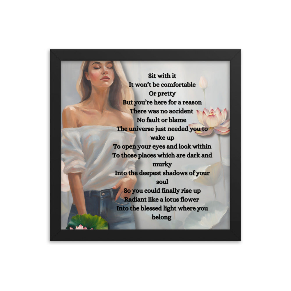 'Lotus Flower' framed photo paper poster with impressionist oil style artwork and original poem by writer Sally Meeson