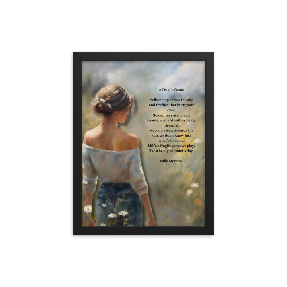 'A Fragile Game' framed photo paper poster with impressionist oil style artwork and original poem by writer Sally Meeson