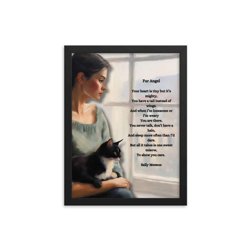 'Fur Angel' framed photo paper poster with impressionist oil style artwork and original poem by writer Sally Meeson