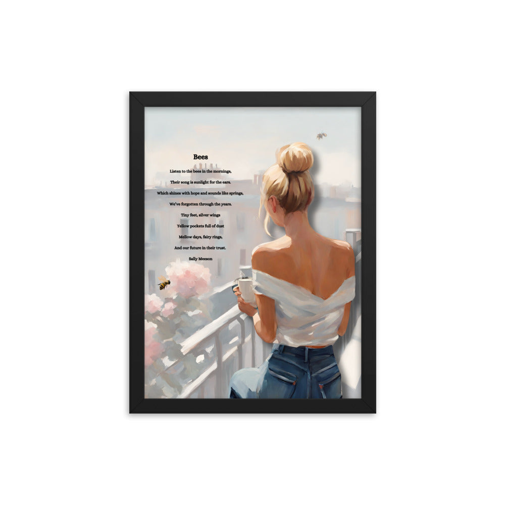 'Bees' framed photo paper poster with impressionist style artwork and original poem by writer Sally Meeson