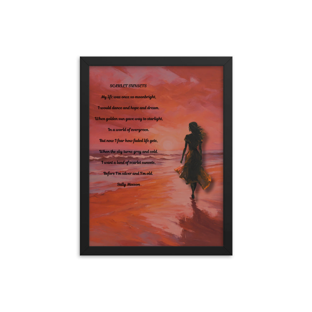 'Scarlet Sunsets' framed photo paper poster with impressionist oil style artwork and original poem by writer Sally Meeson