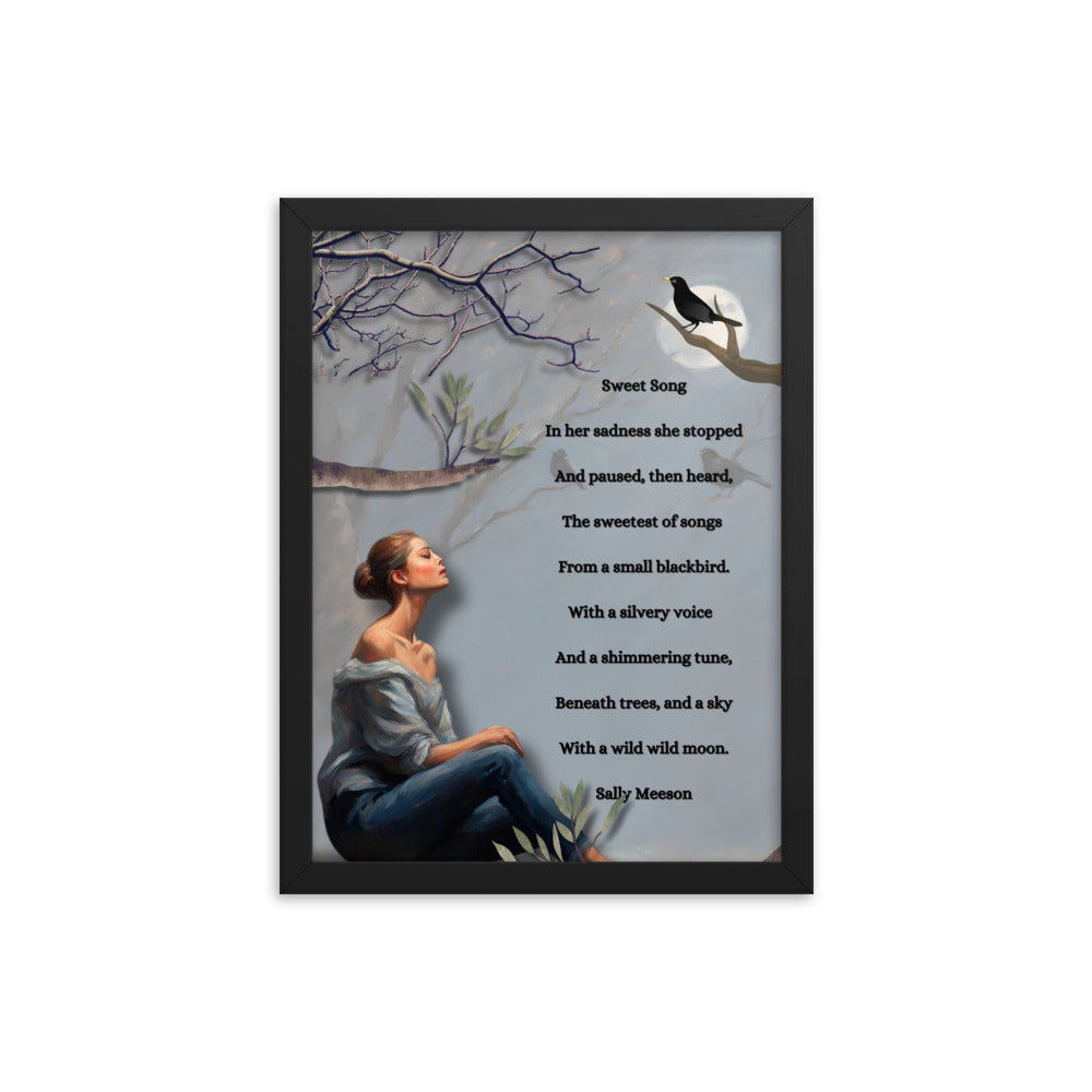 'Sweet Song' framed photo paper poster with impressionist style artwork and original poem by writer Sally Meeson