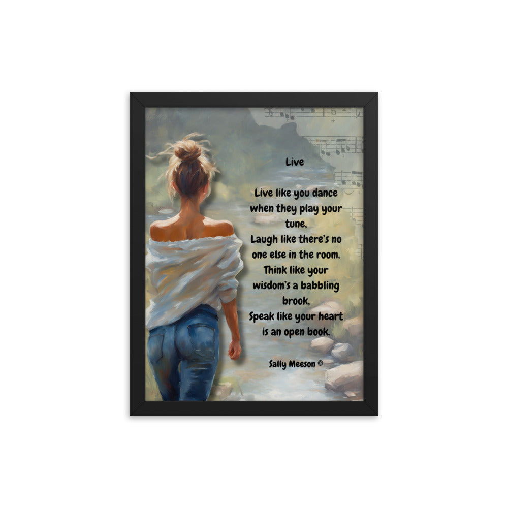 'Live' framed photo paper poster with impressionist oil style artwork and original poem by writer Sally Meeson