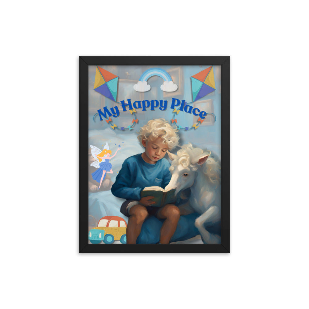 'My Happy Place' child's room blue framed photo paper poster with impressionist oil style artwork