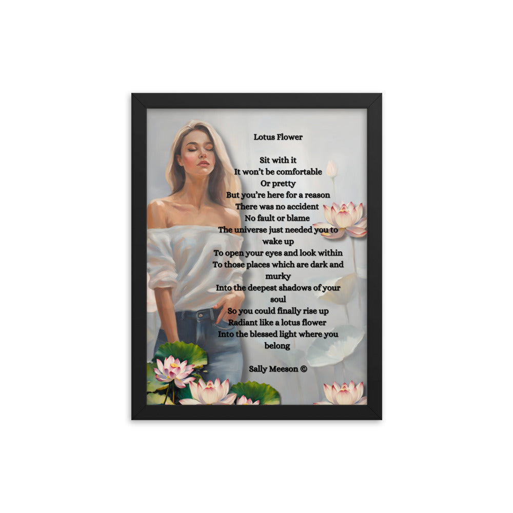 'Lotus Flower' framed photo paper poster with impressionist oil style artwork and original poem by writer Sally Meeson