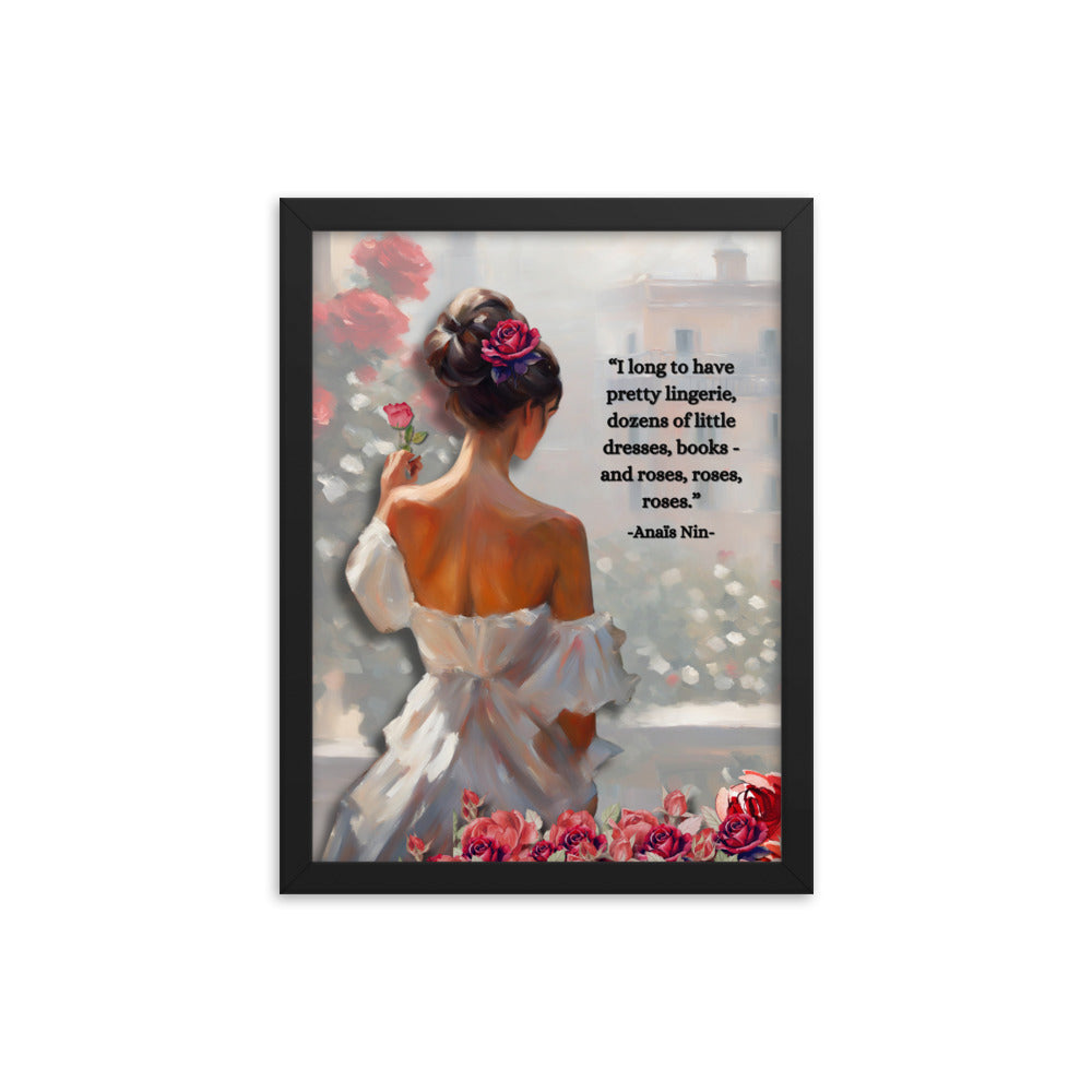 'Roses' framed photo paper poster with impressionist oil style artwork and quote from Anaïs Nin