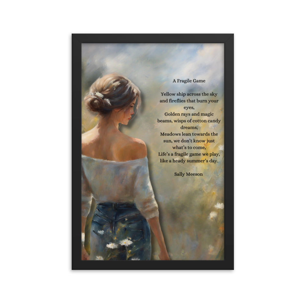 'A Fragile Game' framed photo paper poster with impressionist oil style artwork and original poem by writer Sally Meeson