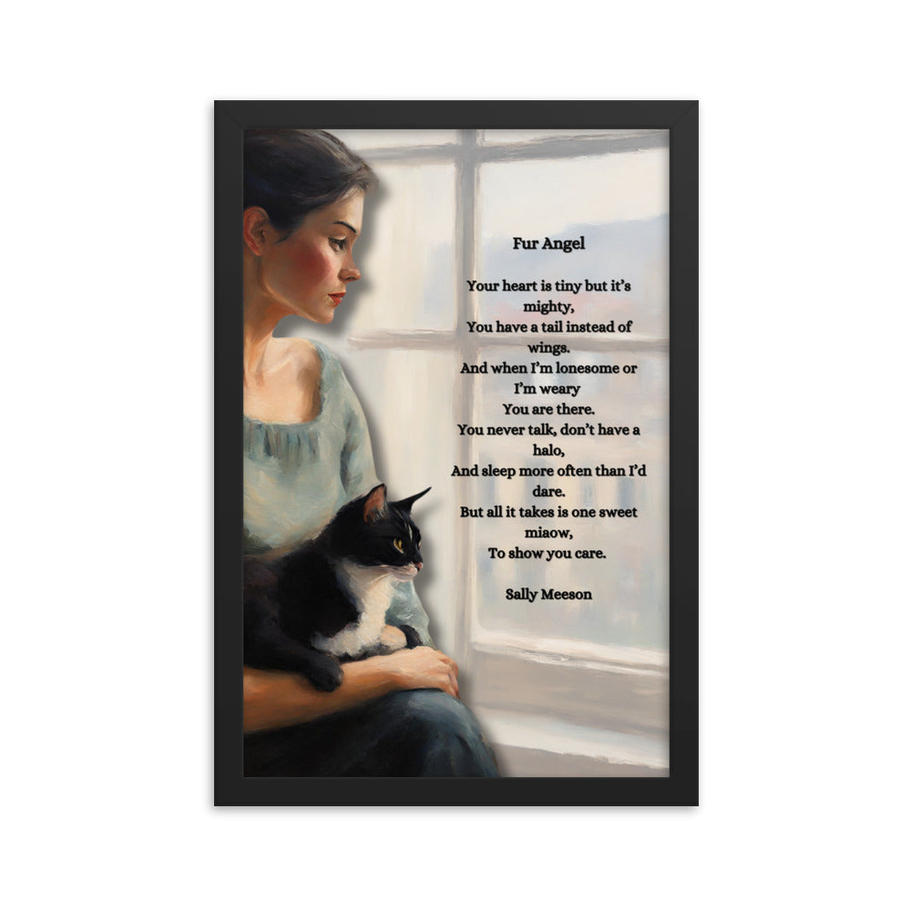 'Fur Angel' framed photo paper poster with impressionist oil style artwork and original poem by writer Sally Meeson