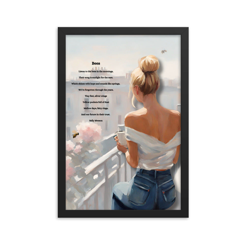 'Bees' framed photo paper poster with impressionist style artwork and original poem by writer Sally Meeson