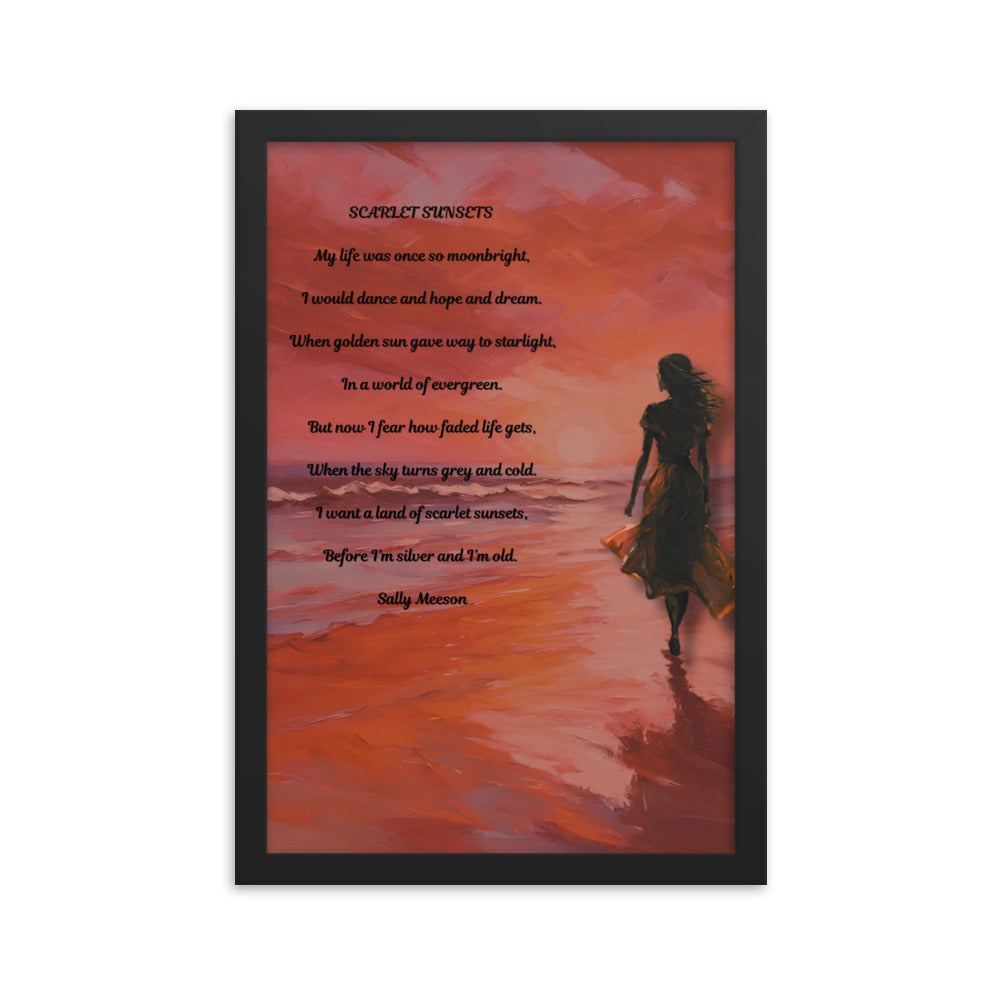 'Scarlet Sunsets' framed photo paper poster with impressionist oil style artwork and original poem by writer Sally Meeson