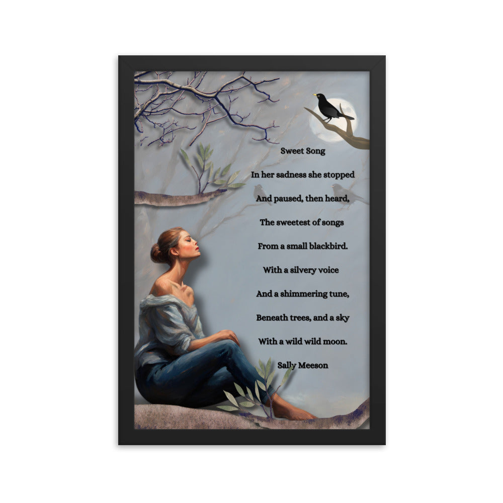 'Sweet Song' framed photo paper poster with impressionist style artwork and original poem by writer Sally Meeson