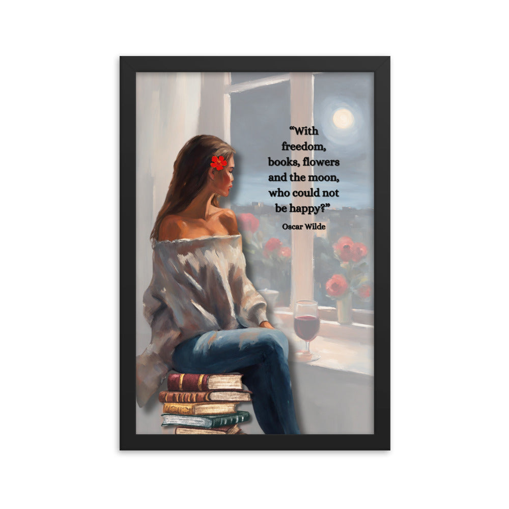 'Freedom, books, flowers and the moon' framed photo paper poster with impressionist oil style artwork and Oscar Wilde quote