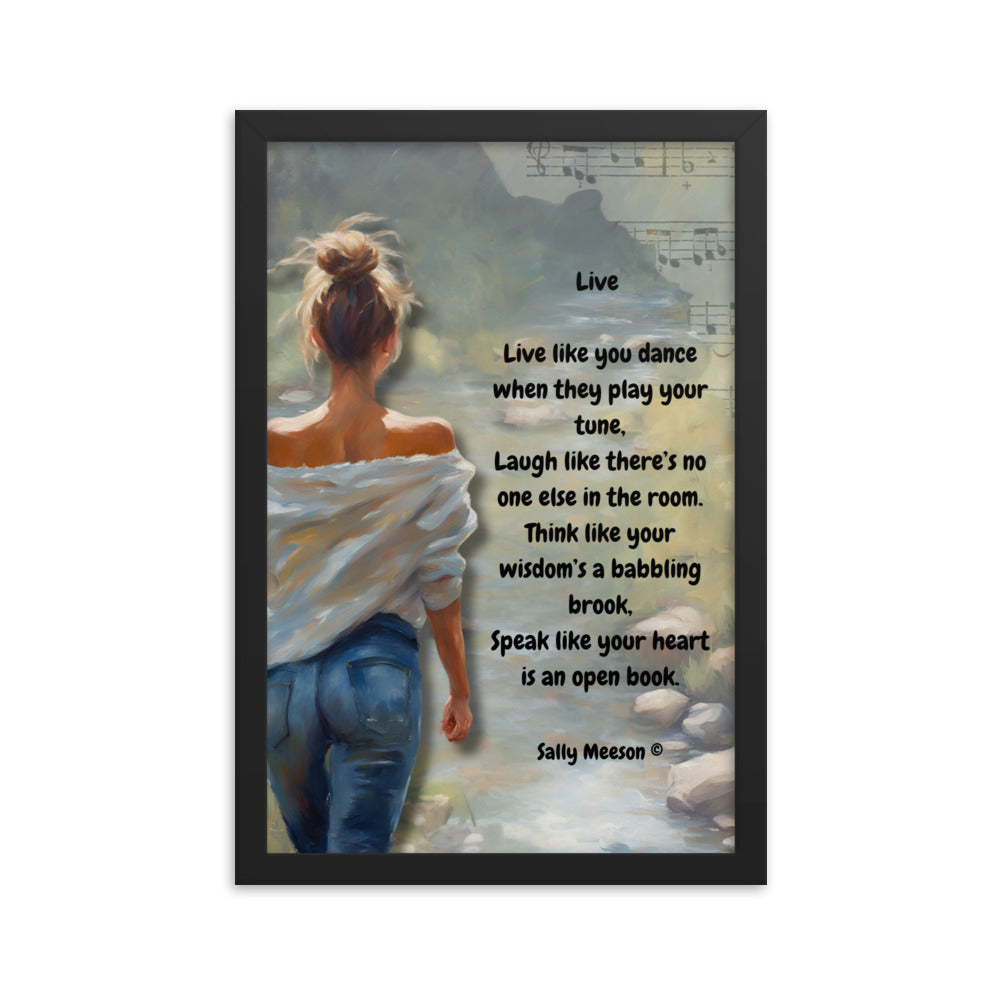 'Live' framed photo paper poster with impressionist oil style artwork and original poem by writer Sally Meeson