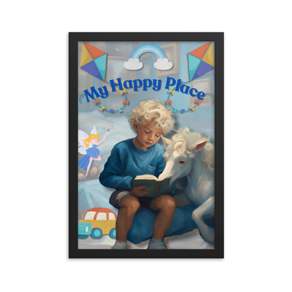 'My Happy Place' child's room blue framed photo paper poster with impressionist oil style artwork