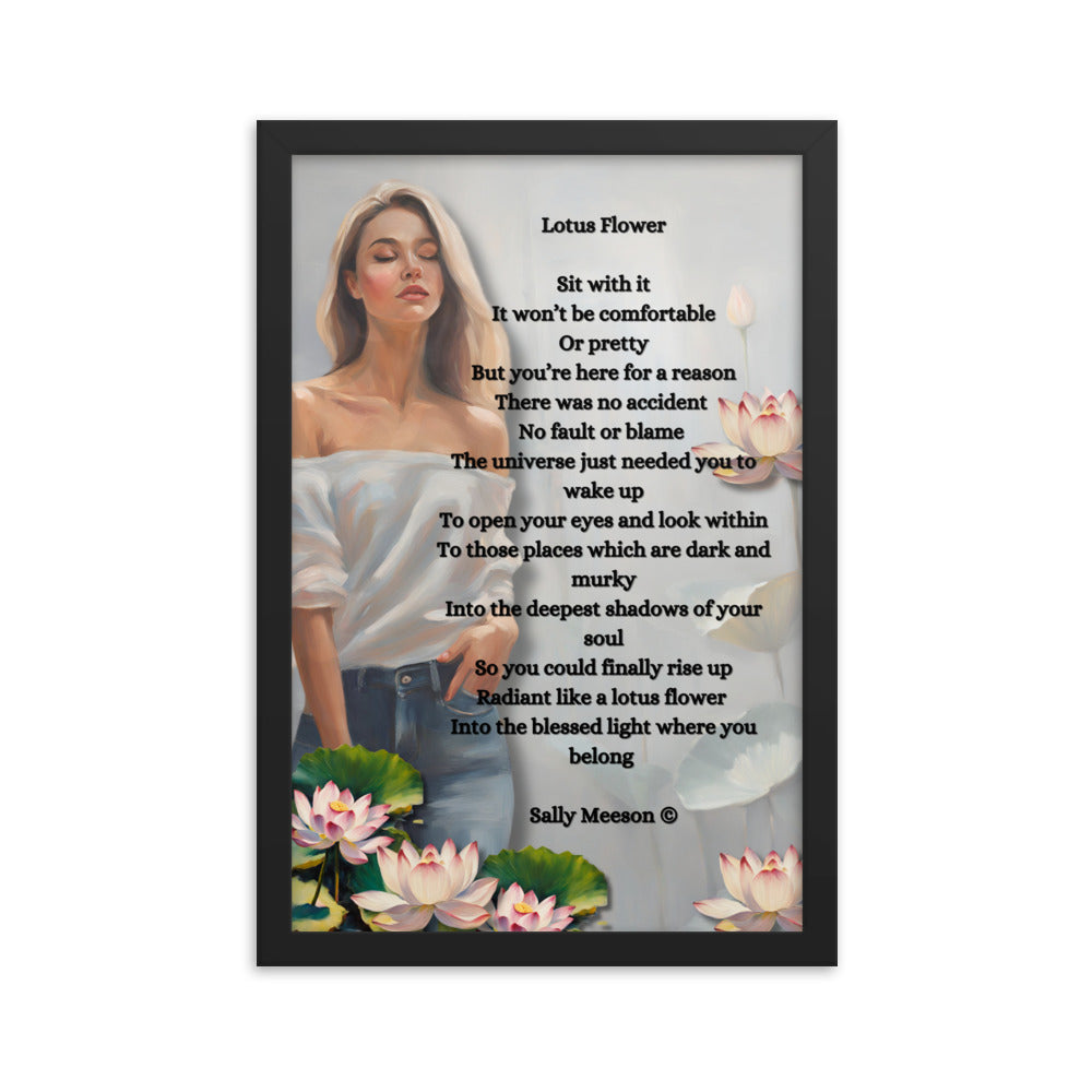 'Lotus Flower' framed photo paper poster with impressionist oil style artwork and original poem by writer Sally Meeson