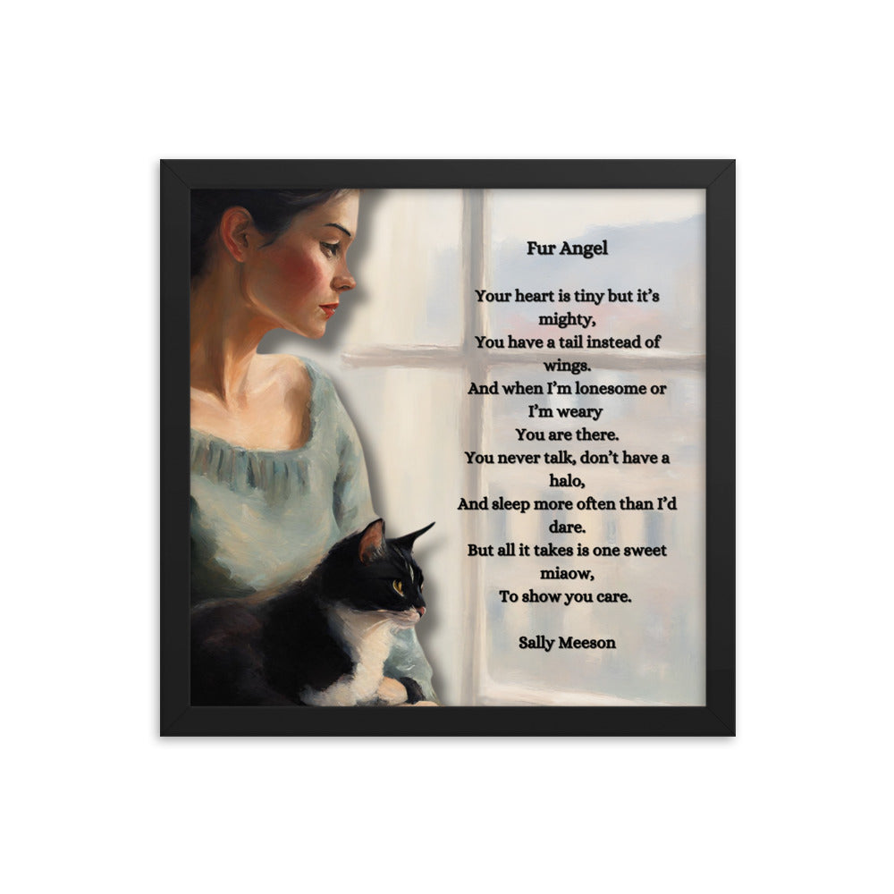 'Fur Angel' framed photo paper poster with impressionist oil style artwork and original poem by writer Sally Meeson