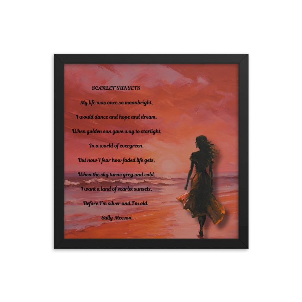 'Scarlet Sunsets' framed photo paper poster with impressionist oil style artwork and original poem by writer Sally Meeson