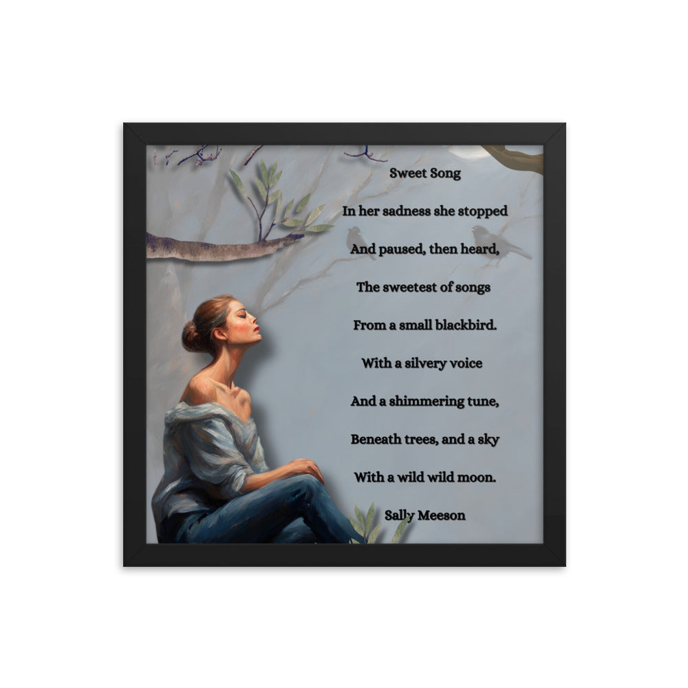 'Sweet Song' framed photo paper poster with impressionist style artwork and original poem by writer Sally Meeson
