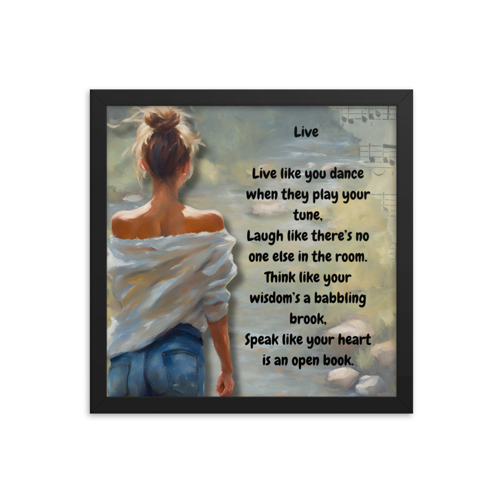 'Live' framed photo paper poster with impressionist oil style artwork and original poem by writer Sally Meeson