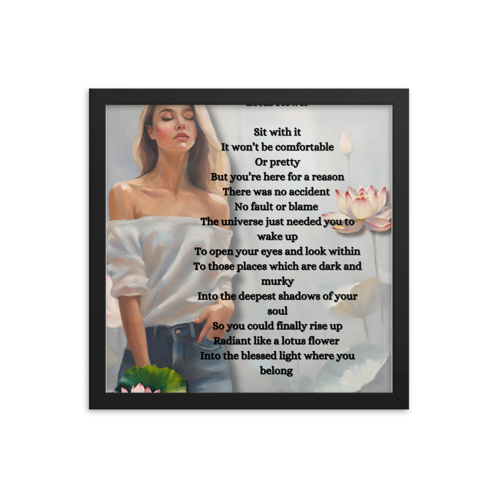 'Lotus Flower' framed photo paper poster with impressionist oil style artwork and original poem by writer Sally Meeson