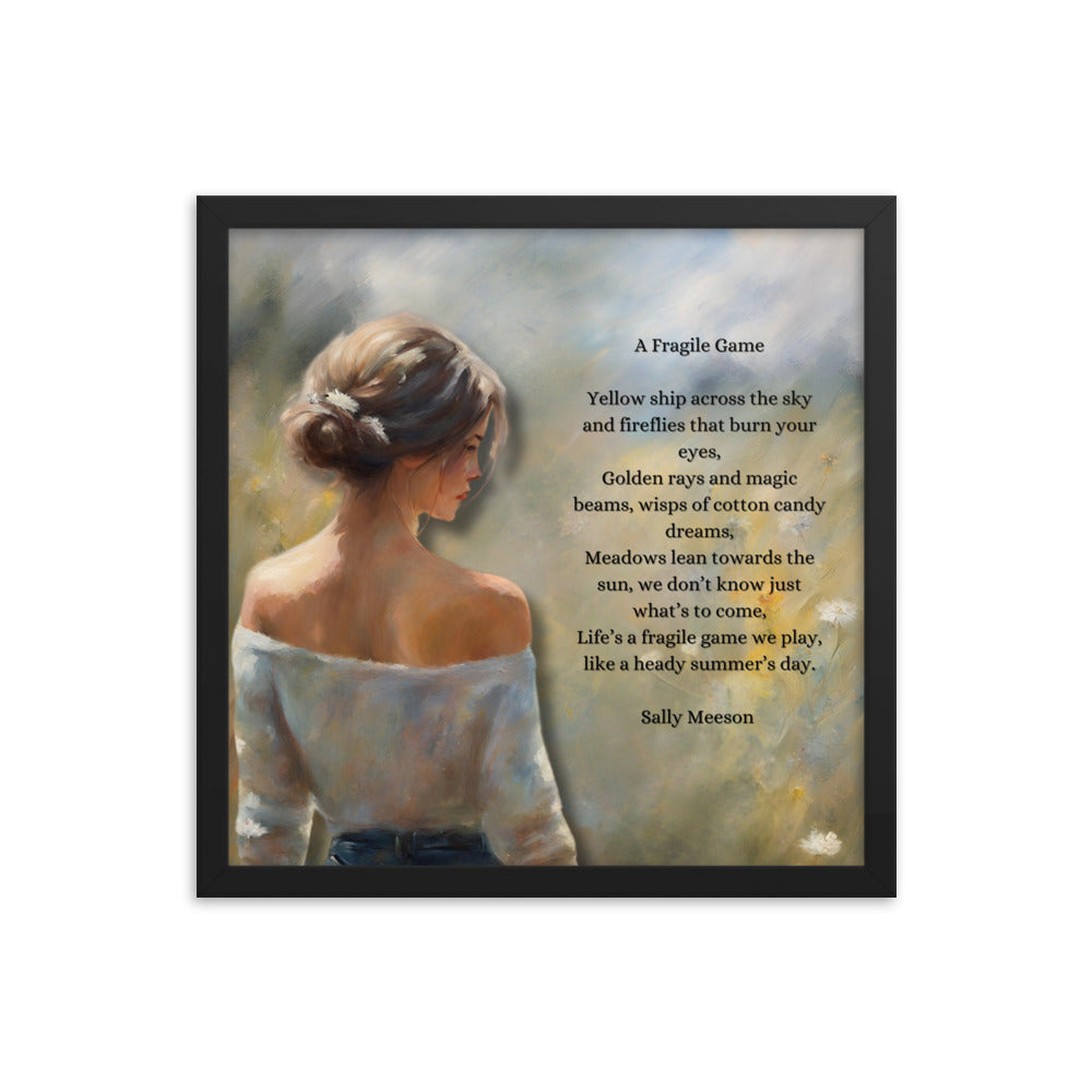 'A Fragile Game' framed photo paper poster with impressionist oil style artwork and original poem by writer Sally Meeson