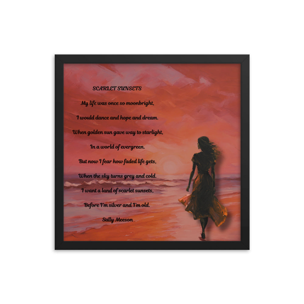 'Scarlet Sunsets' framed photo paper poster with impressionist oil style artwork and original poem by writer Sally Meeson