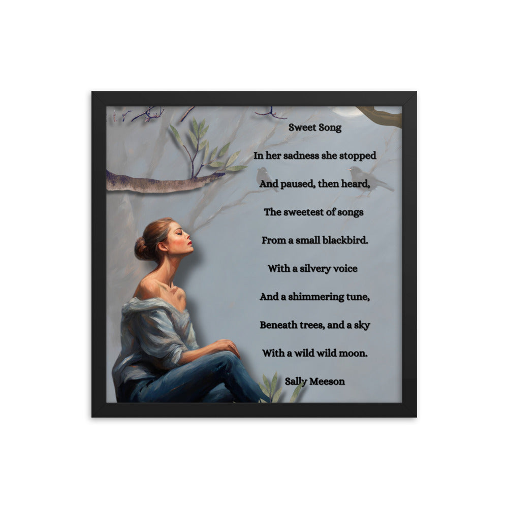 'Sweet Song' framed photo paper poster with impressionist style artwork and original poem by writer Sally Meeson